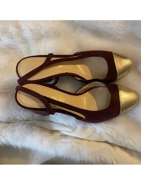 Ivanka Trump Burgundy and Gold Slingback Block Heels